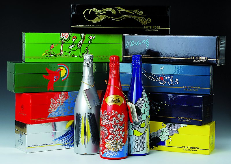 Komplette Kollektion Taittinger Champagner, 9 Flaschen, Künstlerentwürfe von Corneille, Imai, Lichtenstein, Hartung, Arman, Viera da Silva, Masson, ...