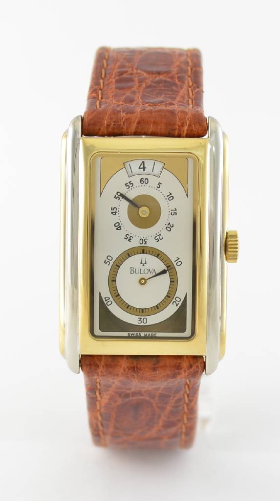 BULOVA Herrenarmbanduhr sog. Doctors-Watch, Handaufzug, Schweiz um 1996, Metallgeh. teilw. verg., beids. vergl., typ. aus der Mitte gezogene ...