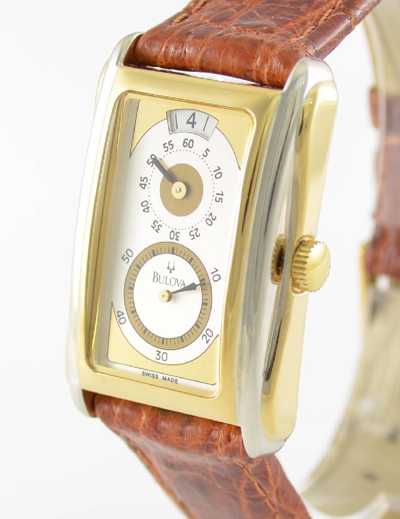 Detail a: BULOVA Herrenarmbanduhr sog. Doctors-Watch, Handaufzug, Schweiz um 1996, Metallgeh. teilw. verg., beids. vergl., typ. aus der Mitte gezogene ...