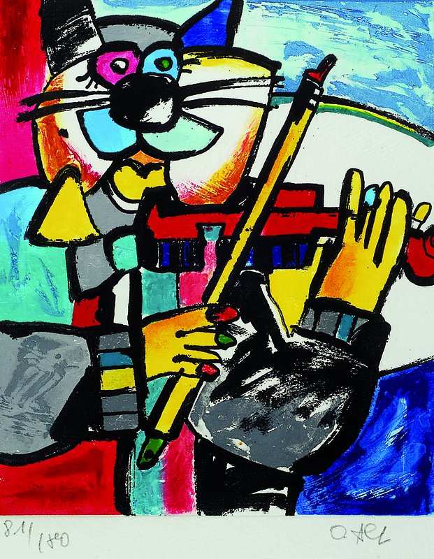 Otmar Alt, geb. 1940, Musizierende Katze, Caborundum Radierung, rechts unten signiert, Auflage 81/180, ca. 37x32 cm, unter Glas, Rahmen