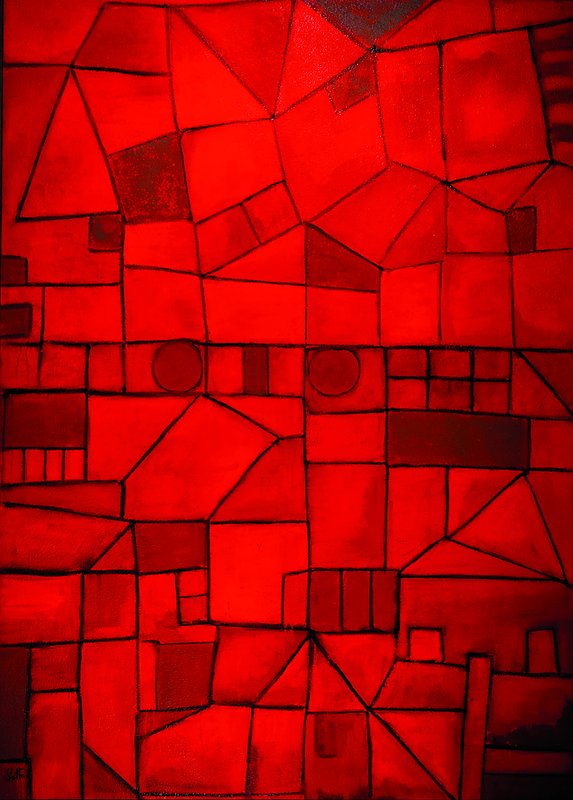 Lucien Sotto, zeitgenössischer belgischer Künstler, Komposition in Rot und Grau, Öl/Lwd, signiert, ca. 140x100 cm