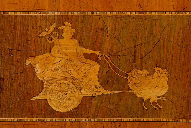Detail a: Beistelltisch, Italien, um 1870, Nußbaum, aufwendige Ahornintarsien auf der Platte sowiean gedrechseltem Fuß, l. Furniersch., st. Gebr.-Sp., ca. ...