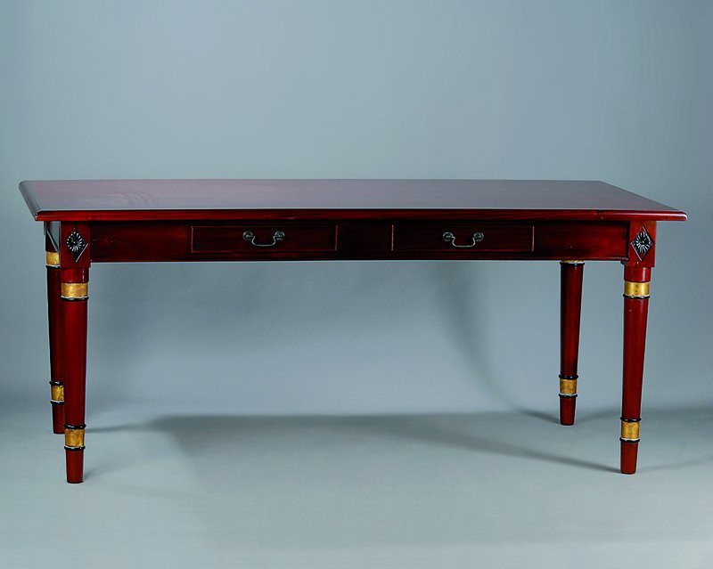 Tisch, Empirestil, Mahagoni, Zierleiste geschwärzt bzw. gold gefasst, 2-schübig, l. Gebr.-Sp., ca. 76x180x89 cm