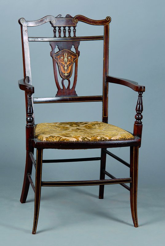 Armlehnstuhl, England, um 1890, Mahagoni, reich intarsiert, st. Gebr.-Sp., ca. 92x55x45 cm, Sh. 43 cm