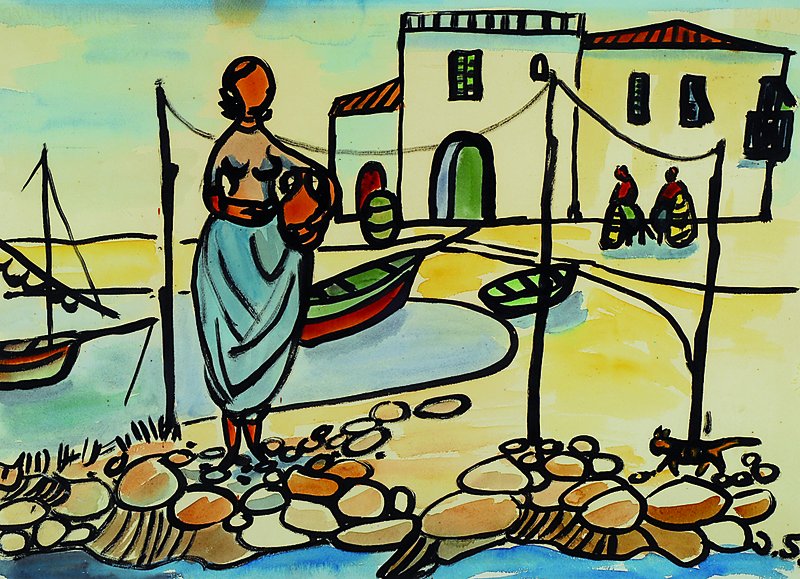 Jörg Schreyögg, geb. 1914 Karlsruhe, südliche Landschaft, Aquarell, um 1950, abstrakte Landschaft mit Personenstaffage, Komposition in goldenem ...
