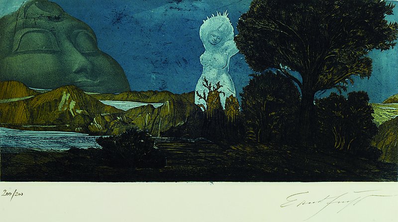 Ernst Fuchs, geb. 1930 Wien, Radierung, Zyklopische Landschaft, signiert und num. 200/200, ca. 22x47.5 cm