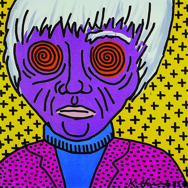 Keith Haring, 1958 Reading-1990 New York, Porträt Andy Warhol, Farboffset, handsigniert,datiert 1985, Passepartout, unter Glas gerahmt, ca. 27x29 cm