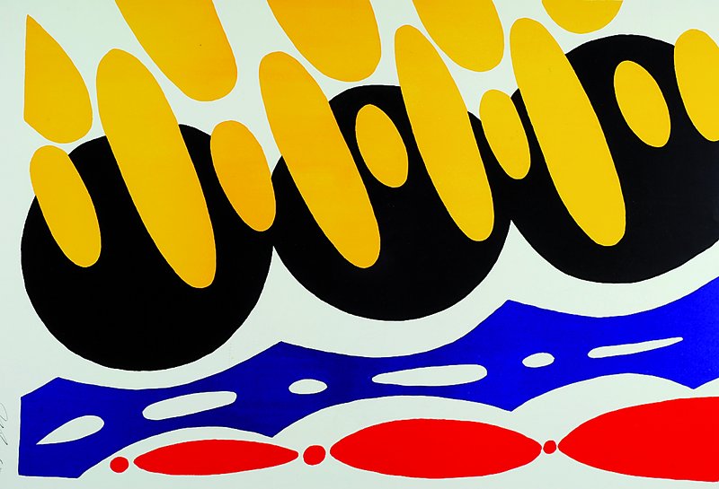 Ernst Wilhelm Nay, 1902 Berlin - 1968 Köln, abstrakte Darstellung, Farblithografie, handsigniert u. datiert (19)67, unter Glas gerahmt, ca. 78x58 cm