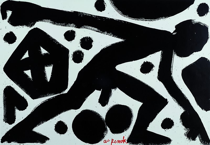 A.R. Penck, geb. 1939 Dresden, Running Man, Farboffset, handsigniert, unter Glas gerahmt, ca. 45x70 cm