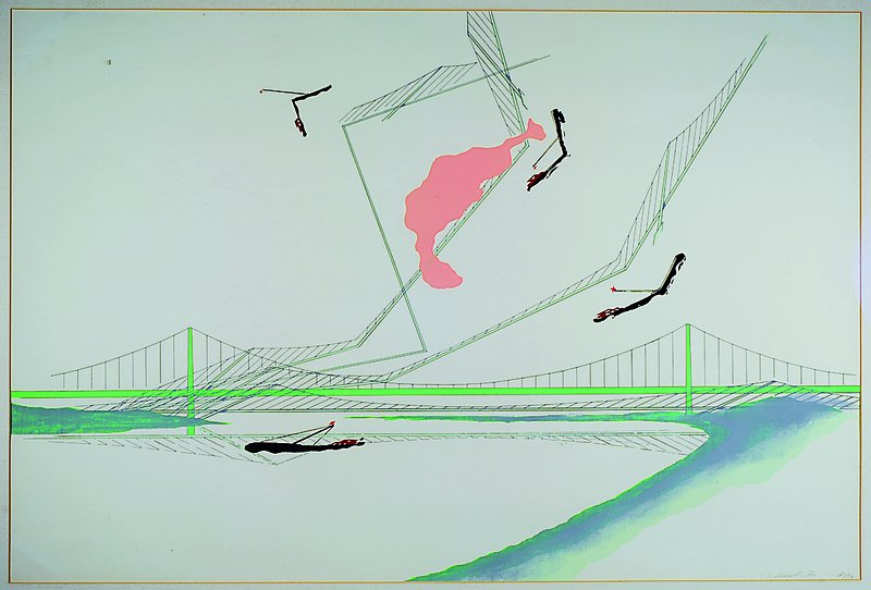 Wewerka, Stefan, geb. 1928, Lithographie, abstrakte Landschaft und gespiegelt in 2 bzw. 3 Ebenen, Brücke und Spiegelungen als verbindende Elemente, ...
