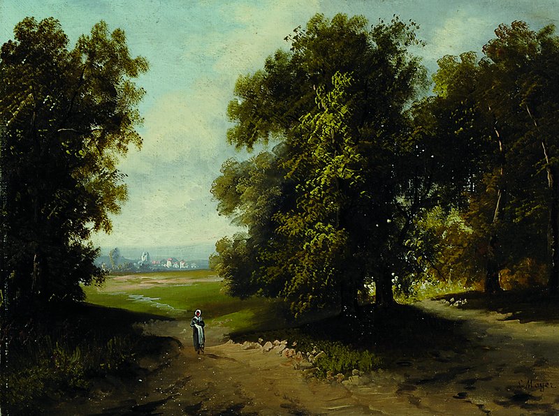 L. Mayer, wohl Österreich, um 1890, Landschaft mit Frau, Öl/Lwd., signiert, ca. 40x54 cm, Rahmen beschädigt