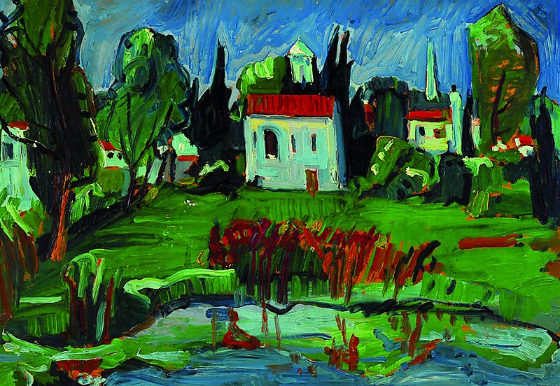 Helmut Baumann, 1894 Bitz bei Balingen-1978 Göppingen, Südliche Landschaft mit Häusern, Öl/Malkarton, rückseitig betitelt und signiert, altes ...
