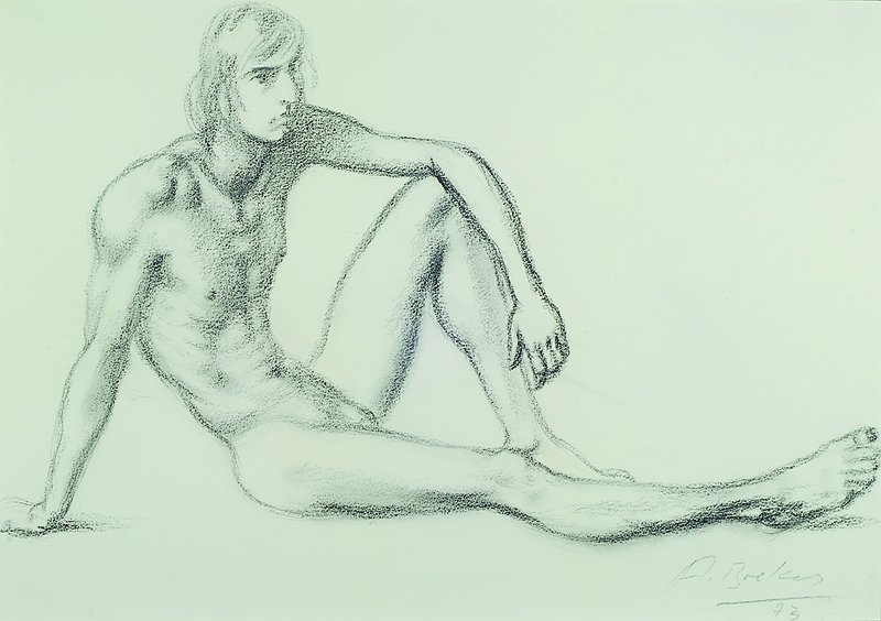 Arno Breker, 1900-1991, Sitzender männlicher Akt, Bleistift und Kohle, rechts unten signiert und datiert 73, ca. 35x50 cm, unter Glas, Rahmen
