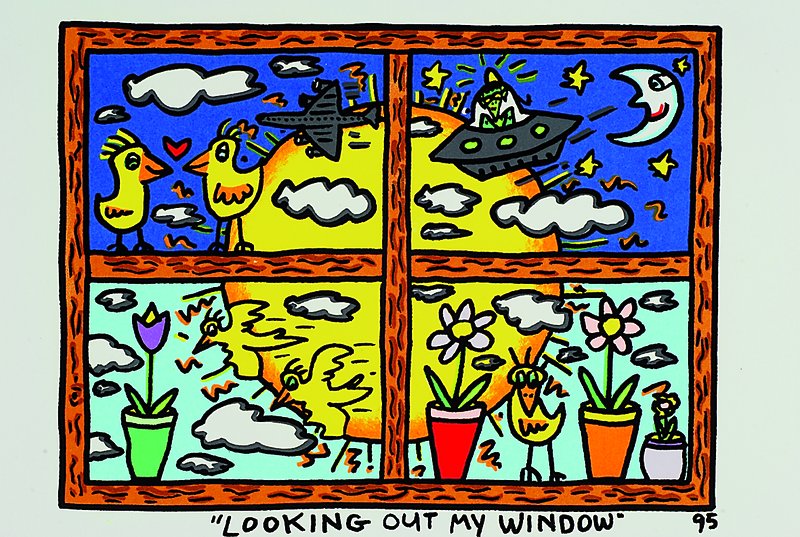 James Rizzi, 1950-2011 New York, Looking out my window, Original Farblithographie von 1995 auf Bütten, Blattgr. ca. 28x26 cm, Motivgr. ca. 20x15.5 cm