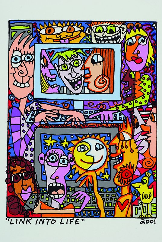 James Rizzi, 1950-2011 New York, Link into life, Original Farblithographie von 2001 auf Bütten, Blattgr. ca. 24x19 cm, Motivgr. ca. 16x12 cm