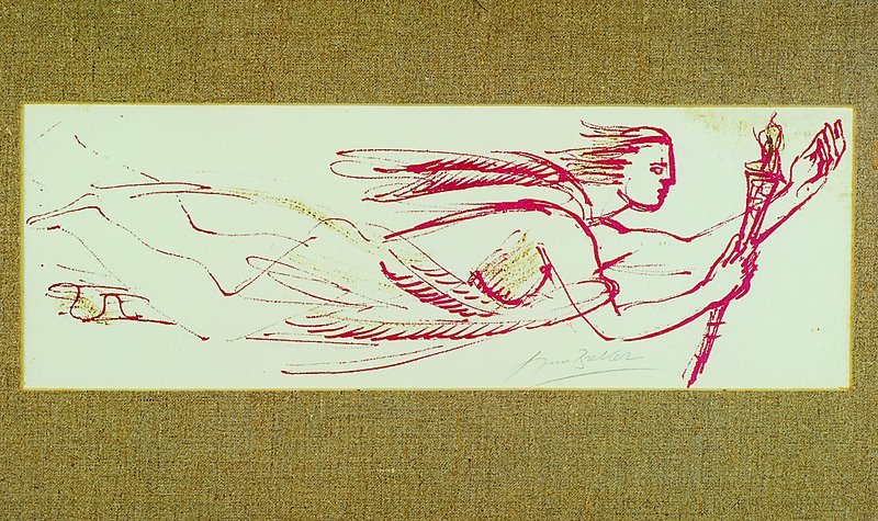 Arno Breker, 1900 Elberfeld - 1991 Düsseldorf, fliegender Engel, Lithographie von 1980, signiert, spurenweise gold gehöht, Gesamtauflage 250, ...