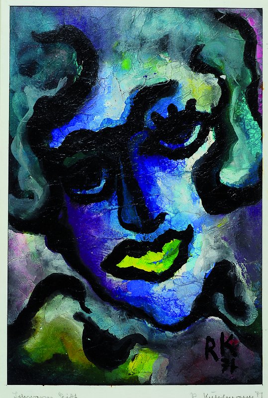 Rudolf Kuhlmann, 1901-1976, abstrakte Komposition, Kopf in stiltypischer Manier der 70er Jahre, blau-grün und lilagrundig, Gesicht schwarz ...