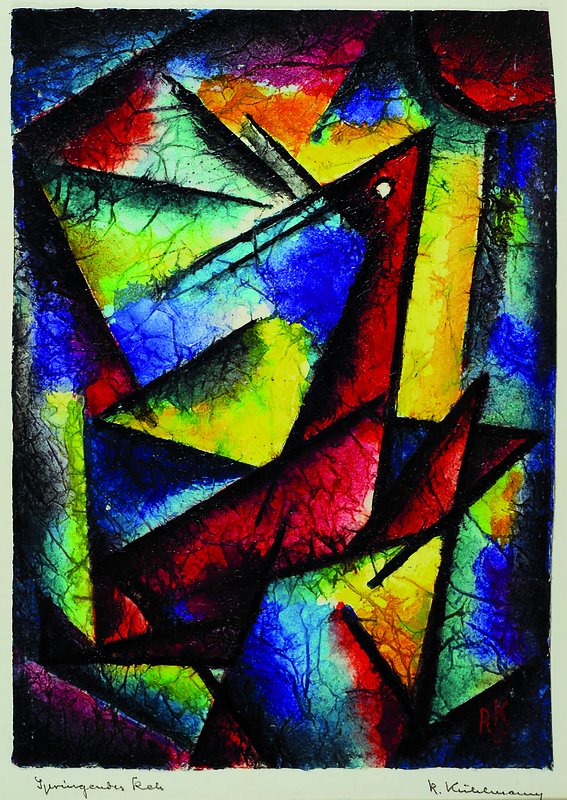 Rudolf Kuhlmann, 1901-1976, abstrakte Komposition, Mischtechnik, Acryl auf Papier, Titel: springendes Reh, geometrisierende Auffassung, z.T. reine ...