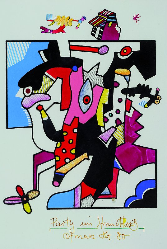 Otmar Alt, geb. 1940, Mischtechnik, Party im Strandkorb, signiert, dat. 80, l. fingerfleckig, ca. 26.5x23 cm, unter Glas, Rahmen, dazu ...