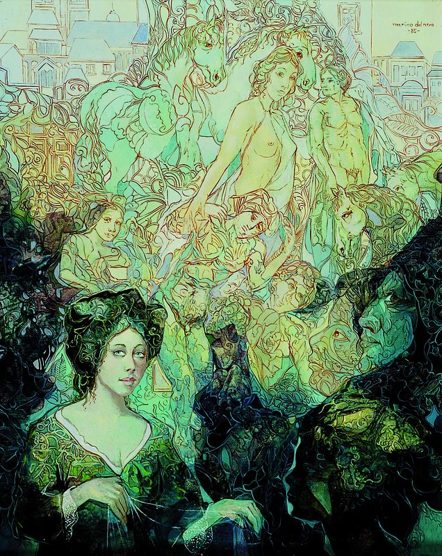 Merino del Nero, Jose, geb. 1934 Santander/ Spanien, "Die Segnung der Prinzessin" reiche Figurenstaffage mit Pferden vor einer stil. ...