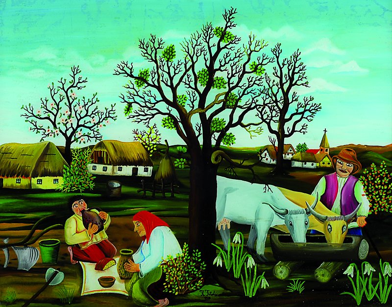 Frtalis, K., naiver Künstler aus Ex- Jugoslawien, Hinterglasmalerei, Bauernfamilie bei der Mittagsrast, signiert und datiert 1976, ca. 39x49 cm, ...