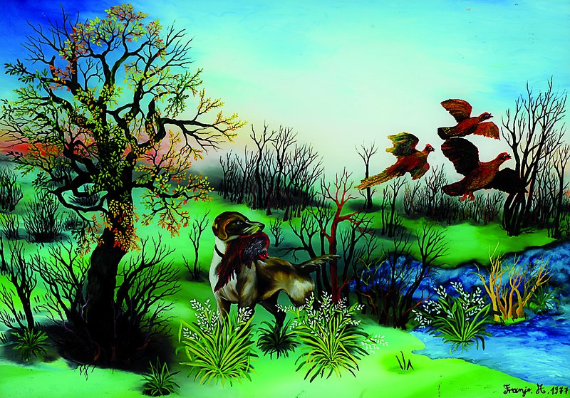 A. Franjo, naiver Maler aus den 70er Jahren,Hinterglasmalerei, Jagddarstellung mit Hund und Wildvögel, signiert und dat. 1977, 45x62 cm, Rahmen l. ...