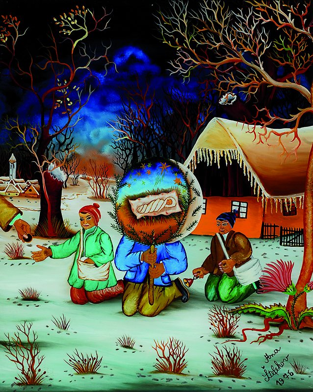 Ana Stefekov, naive Malerin aus den 70er Jahren, Winterlandschaft mit Figurenstaffage, signiert und dat. 1976, 40x30 cm, Rahmen l. bestossen