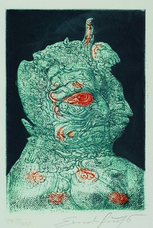 Prof. Ernst Fuchs, geb. 1930 Wien, Fabelwesen, Radierung, handsigniert, nummeriert 147/300, Passepartout, unter Glas gerahmt, ca. 12x17.5 cm