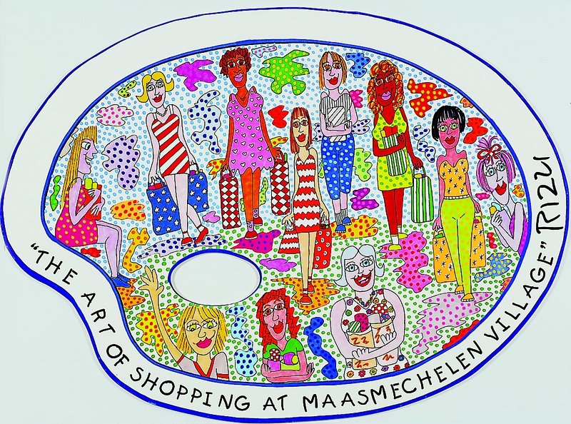 James Rizzi, 1950-2011 New York, Farbsiebdruck auf Malerpalette, The Art of Shopping at Maasmechelen Village, handsigniert, ca. 40x29 cm, unter Glas ...