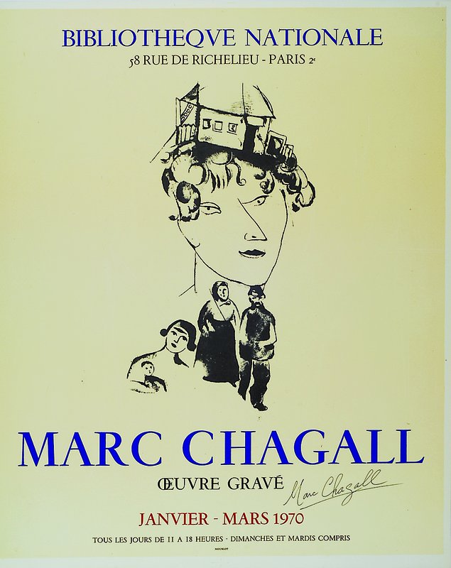 Marc Chagall, 1887-1985, Bibliotheque Nationale, Janvier-Mars 1970, handsign., ca. 60x45cm, unter Glas gerahmt