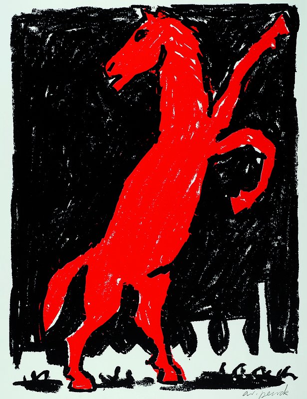 A.R. Penck, geb. 1939 Dresden, Rotes Pferd, Farboffset, handsigniert, ca. 62x47 cm,unter Glas gerahmt