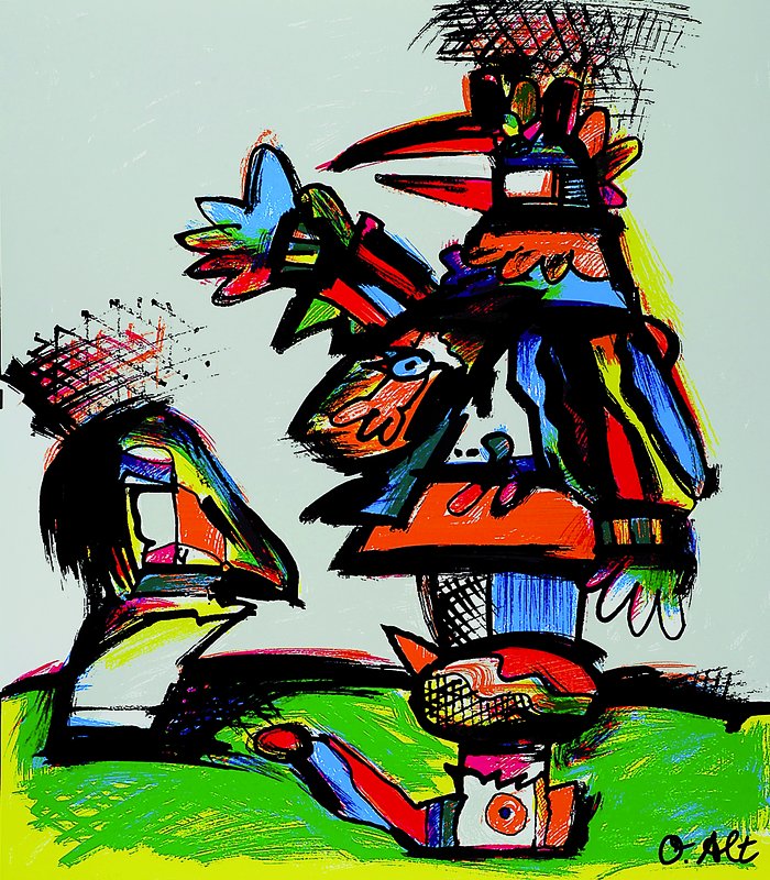Otmar Alt, geb. 1940, abstrakte Katzendarstellungen, zwei Farbsiebdrucke, je handsign., je ca. 46x37 cm
