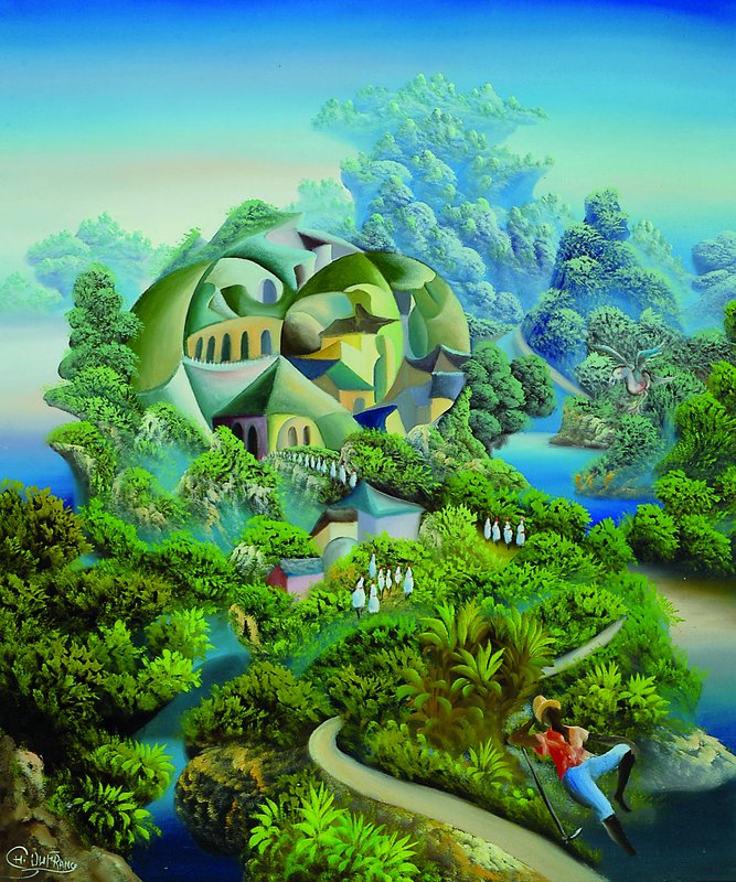 Ch. du France, Haitianischer Künstler, Ende 20 Jh., Inseltraumwelt, Acryl/Lwd, signiert, ca. 60x50 cm, Rahmen