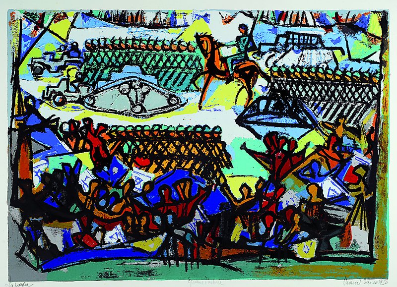 Marcel Janco, 1895- 1984, Lithographie, La Parade, epreuve artiste, signiert bezeichnet und datiert 1950, ca. 53x75 cm, l. Gebr.spuren, fingerfleckig