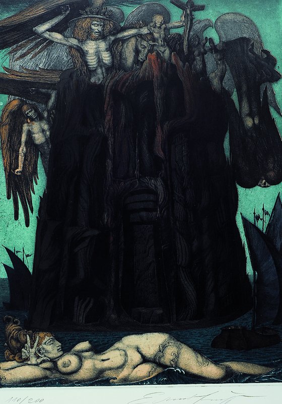 Prof. Ernst Fuchs, geb. 1930 Wien, Farblithographie, handsigniert und num. 110/200, Motiv ca. 49,5x34 cm, PP, unter Glas gerahmt