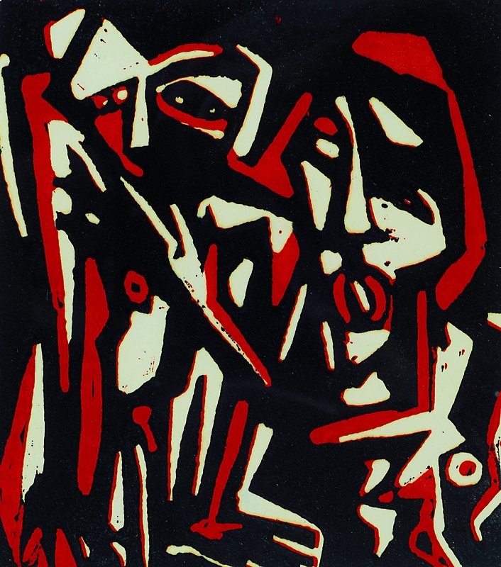 Klaus Süs, geb. 1951, Leipziger Künstler, Figuren, vier Farbholzschnitte, je ca. 17x15cm, unter Glas, R.