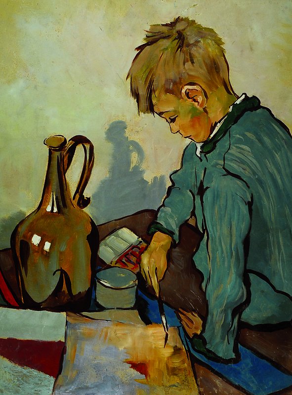 Zuschreibung: Carl Ernst Sohn-Rethel, 1882- 1966, Porträt eines malenden Kindes, Tempera auf Hartfaser, unsign., am unteren Rand restauriert, ca. ...