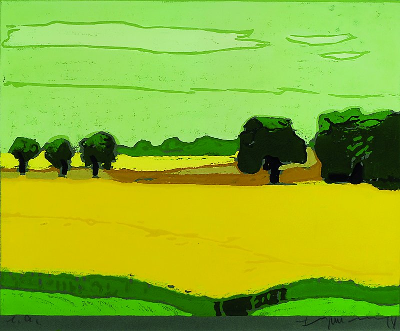 Klaus Fußmann, geb. 1938, großer Farblinolschnitt, Landschaft, E.A., handsigniert, 44x54 cm, unter Glas, Rahmen