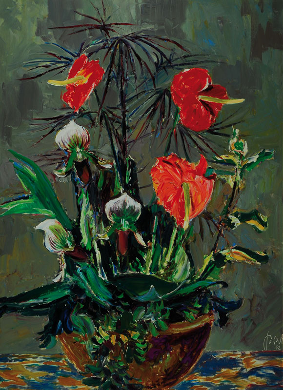 Karl Graf, 1902 Rothenburg-1986 Speyer, Blumenstillleben, Öl/Platte, signiert u. datiert 62 unten rechts, rückseitig auch signiert, ca. 79.5x60 cm, ...
