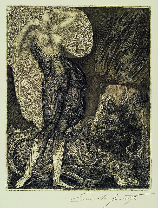 Ernst Fuchs, geb. 1930 Wien, Radierung, stehender weiblicher Akt, handsigniert, ca. 26.5x20.5 cm, unter Glas gerahmt