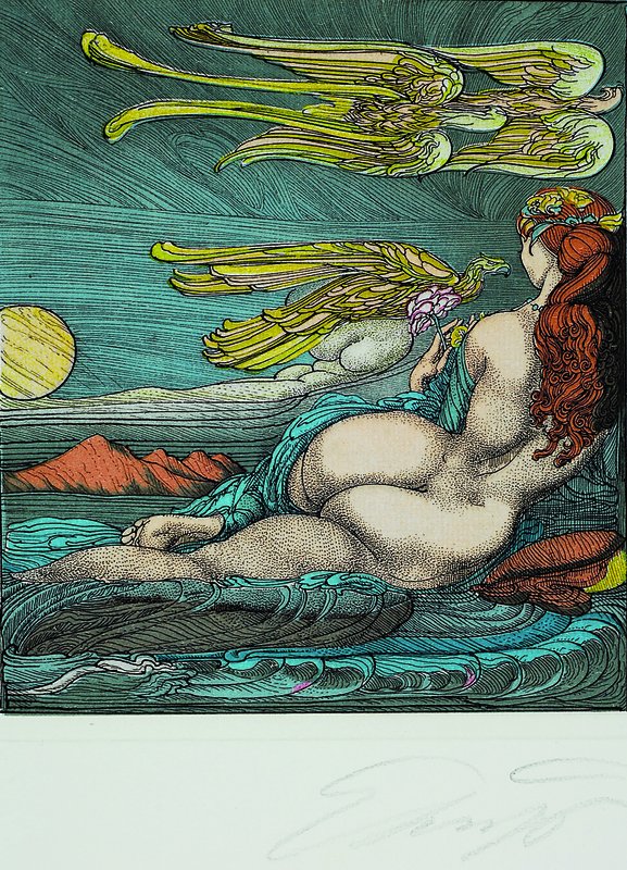 Ernst Fuchs, geb. 1930 Wien, Bachnymphe, Farbradierung, handsigniert, ca. 18.5x16.5 cm,Blattgr. ca. 29x26 cm