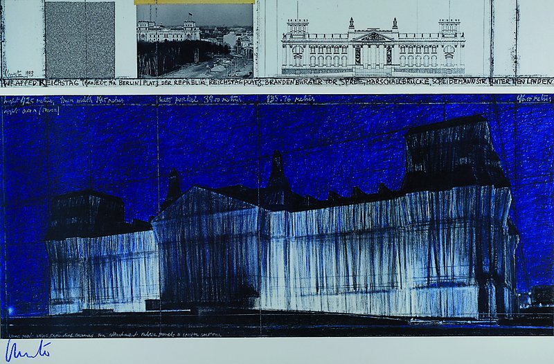 Christo und Jeanne-Claude, Wrapped Reichstag, Farboffset, handsigniert, ca. 57x95cm, unter Glas gerahmt