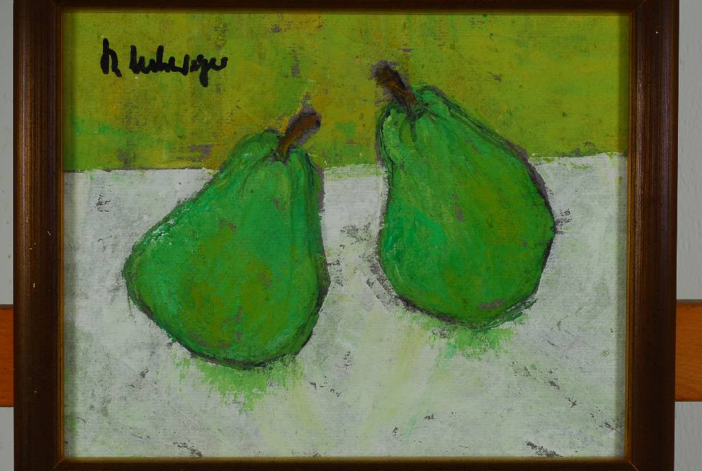 Helga Mehringer, zeitgenössische Malerin aus Landau/Pfalz, zwei kleine Stillleben in Öl/Malkarton: weiße Blumen, ca. 23x18 cm, zweiBirnen, ca. ...