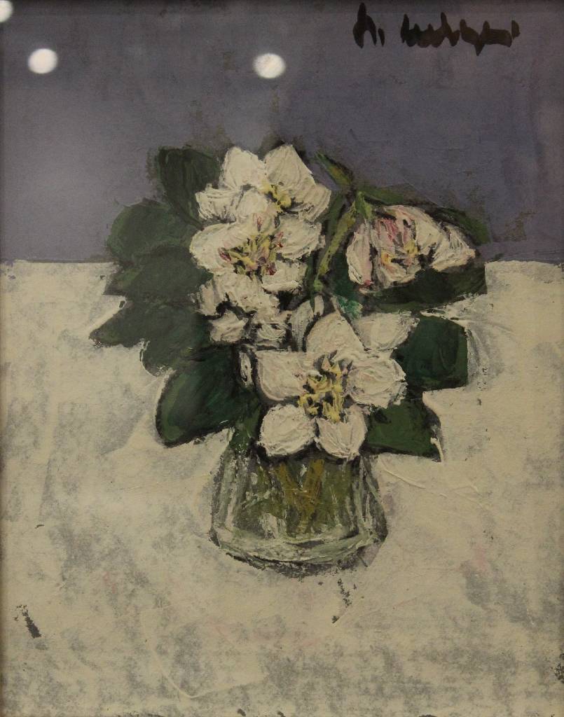 Detail a: Helga Mehringer, zeitgenössische Malerin aus Landau/Pfalz, zwei kleine Stillleben in Öl/Malkarton: weiße Blumen, ca. 23x18 cm, zweiBirnen, ca. ...