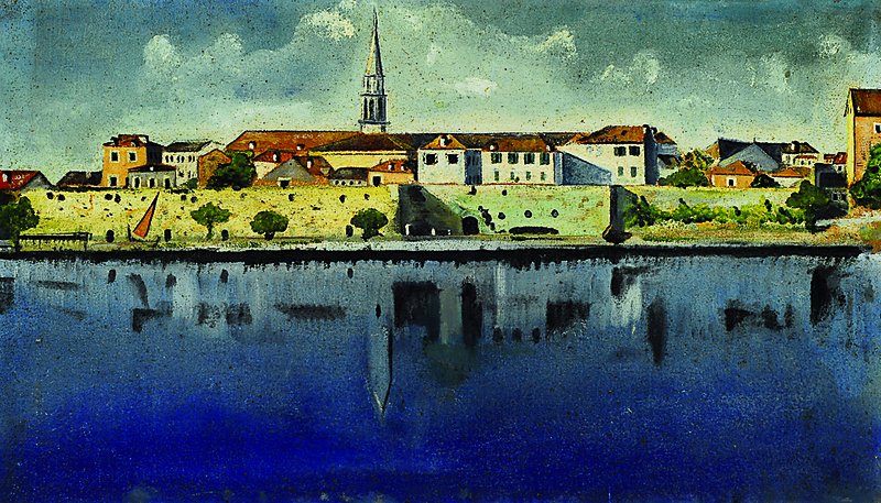 Unbekannter Künstler der 1. Hälfte des 20. Jh., Stadt am Fluß, Öl/Lwd, restauriert, ca. 42x72 cm, Rahmen