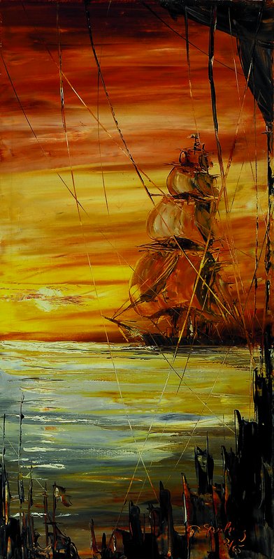 Gerhard Sperling, 1908 Dresden-1975 Bramsche, Segelschiff im Abendrot, Öl/Lwd, rechts unten signiert und dat. 8/65, ca. 80x40 cm