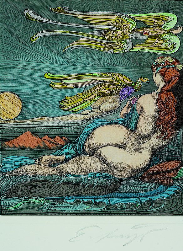 Ernst Fuchs, geb. 1930 Wien, handkolorierte Farbradierung, Bachnymphe, handsigniert, WVZ Weis 261, ca. 18x15.5 cm, Blattgr. ca. 29x26 cm