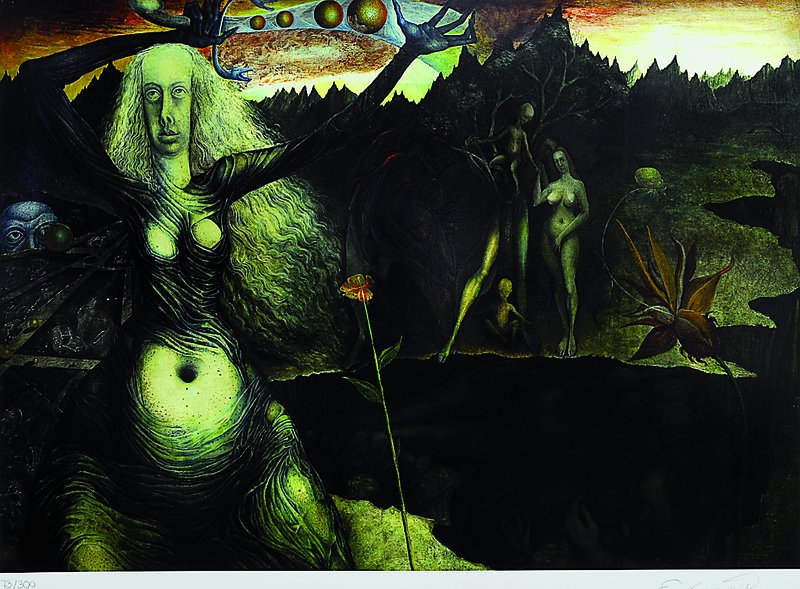 Ernst Fuchs, geb. 1930 Wien, "Gertrude Baschnegger vor dem Lebensbaum", Giclee auf schwerem handgemachten Baumwollpapier, 2012, ...