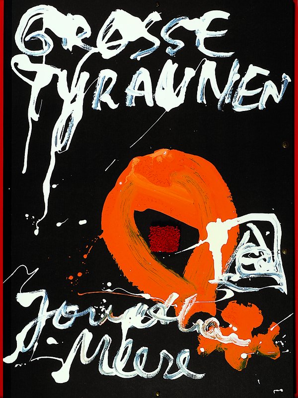Jonathan Meese, geb. 1971 Hagen, Acryl und Mischtechnik auf Pappe, "Grosse Tyrannen", Unikat, handsigniert, ca. 72x52 cm, Rahmen