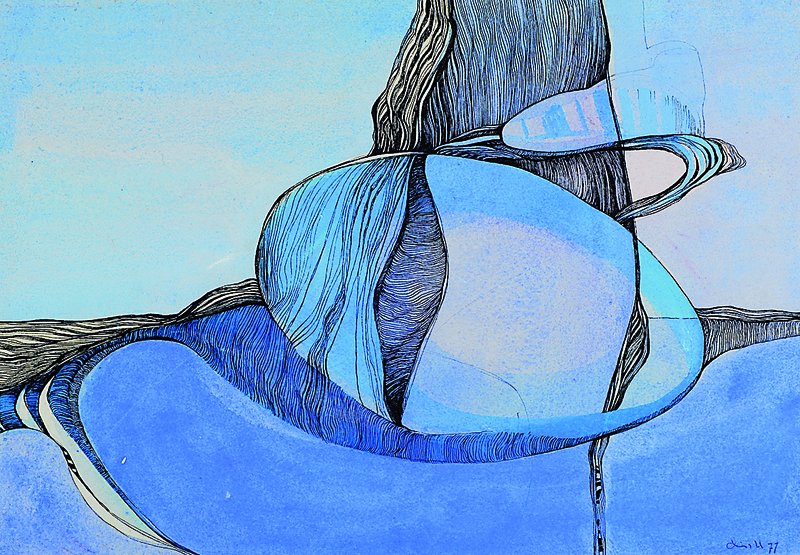 Patrick Loste, geb. 1955, abstrakt-surreale Komposition, Tusche/Aquarell auf Papier, sign. u. dat. 77, ca. 30x42cm